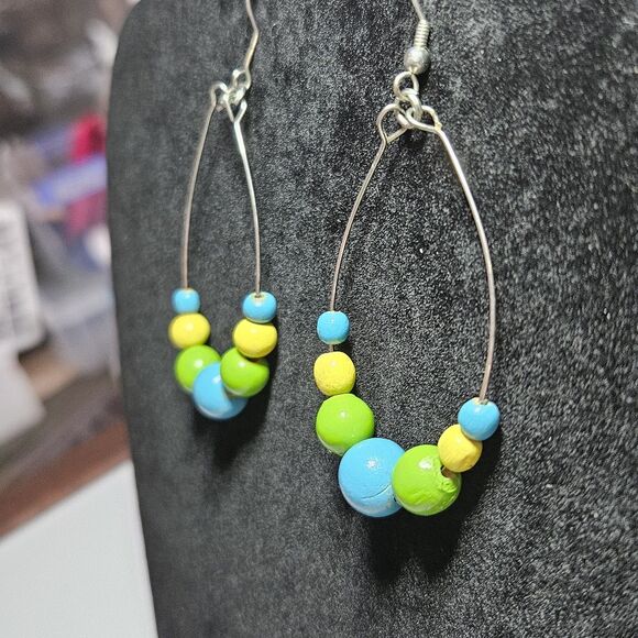 Yellow, Blue Green Silver Tone Matching Wood Beaded Earrings Bracelet Set 7.25" - Picture 11 of 16